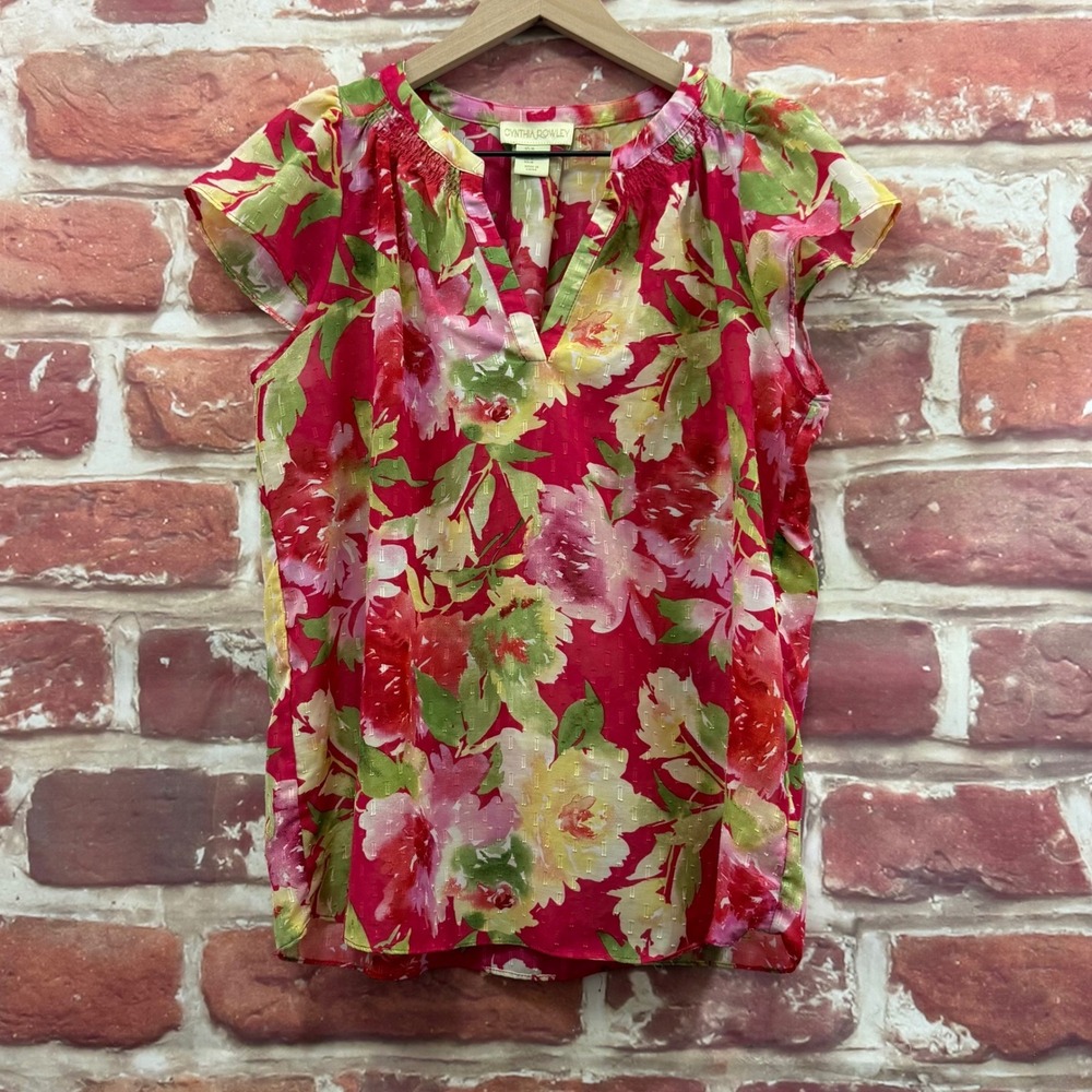 Cynthia Rowley Top Women's M Red Multicolor Garden Floral Flutter Sleeve Shirt